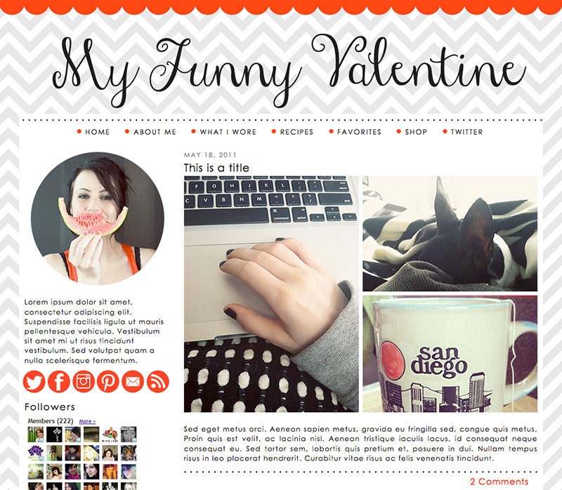 Blogger Premade Template: Valentine - minimalist, red, coral, chevron, theme, stripes, clean, twitter, icons, scalloped, hand drawn