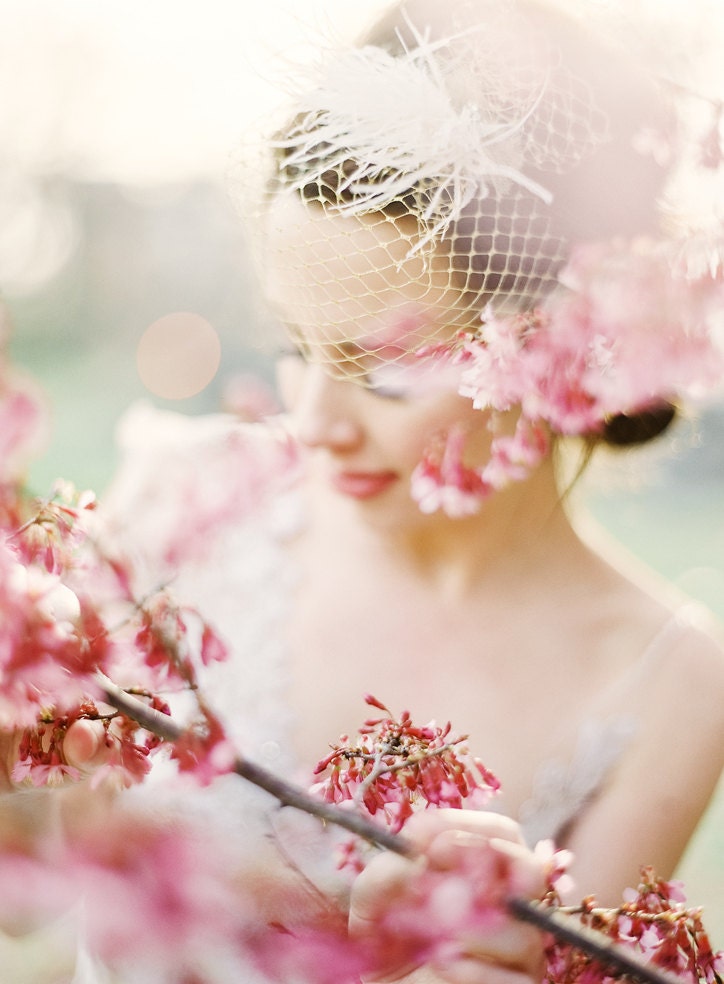 Gold tulle birdcage veil with crystals, ostrich feathers and tulle