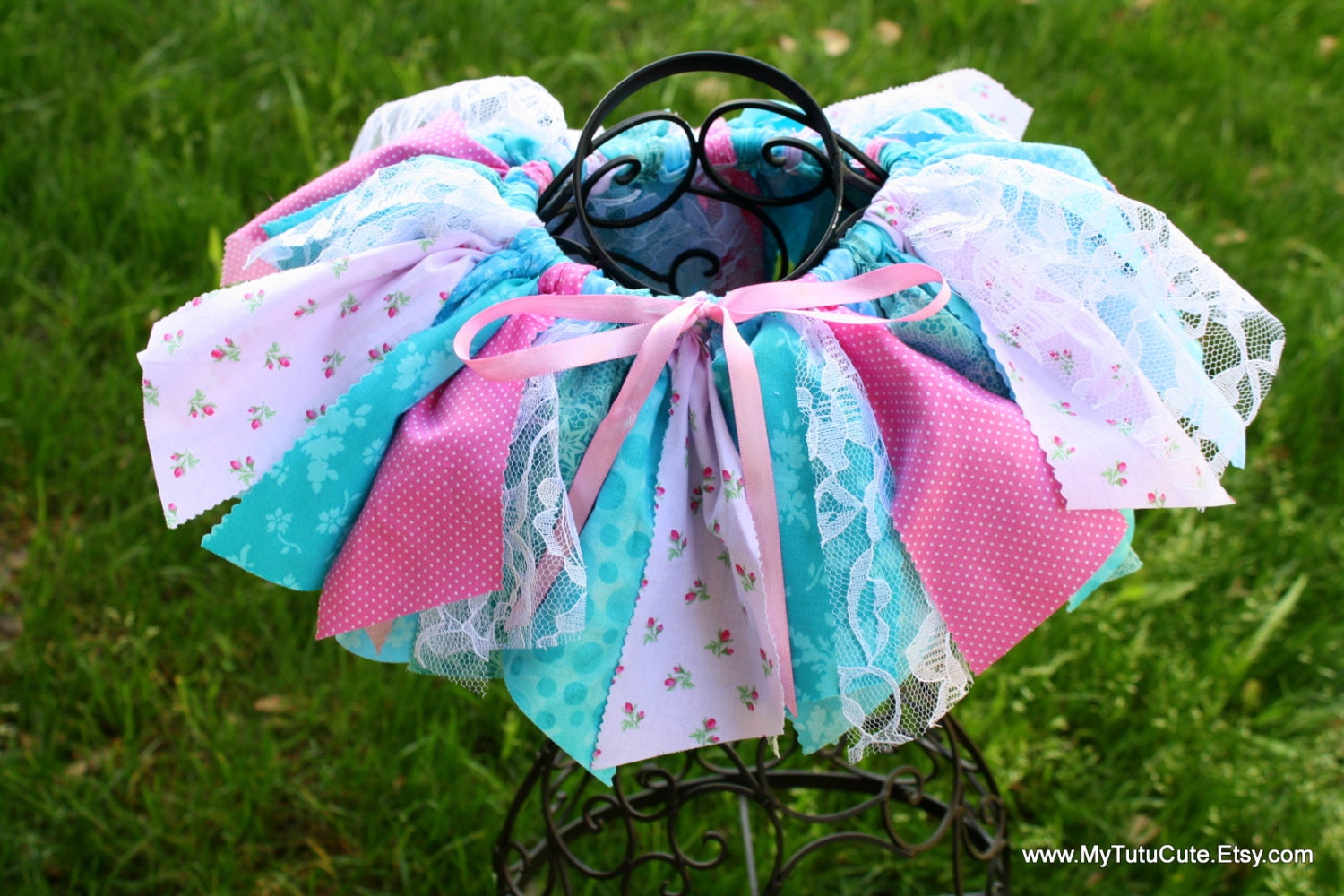 Fabric Tutu Scrap Skirt Pink and Teal Turqoise Blue Made to Order Size Newborn to 4T