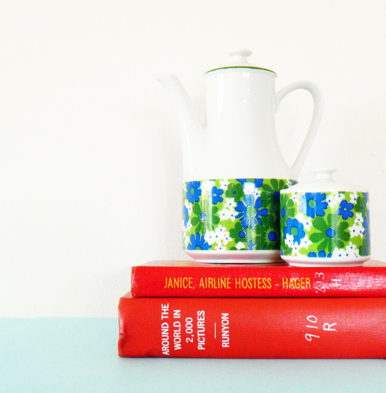 Mod Floral Teapot and Sugar Bowl/Vintage Floral Coffee Pot/Bright Floral Ceramic Set