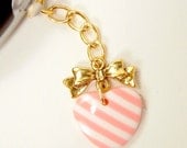 Kawaii Cell Phone Charm Dust Plug Earphone Cover Sweet Retro Gold Bow Pink White Striped Heart