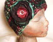 Crocheted Hat Beanie with Removable Flower Pin - Green, Burgundy, Pink, Cream