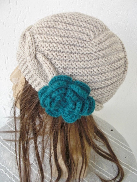 Hand Knit  Hat-   Womens Hat -  Cloche Hat  in Beige  Winter Accessories with crochet flower Snow warm  Fall Autumn oatmeal