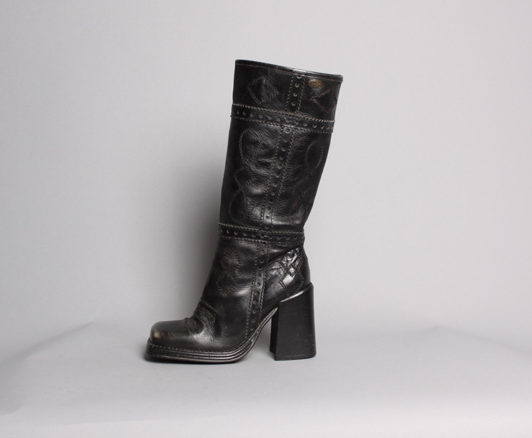 90s PLATFORM BOOTS / Glam Club Kid Chunky Embroidered Black Boots, 9