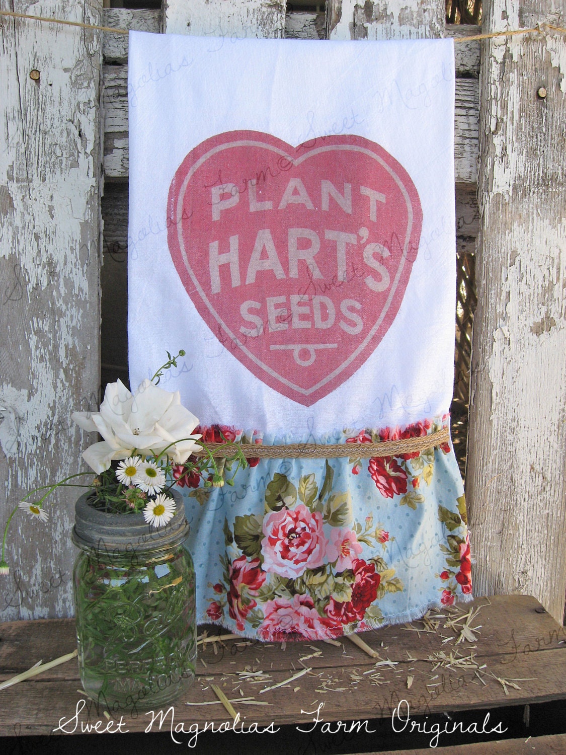 Flour Sack Kitchen Towel, Farmhouse Style Country Cottage Chic Heart Shabby Floral Red Rose Ruffle "PLANT HART'S SEEDS" Sweet Magnolias Farm