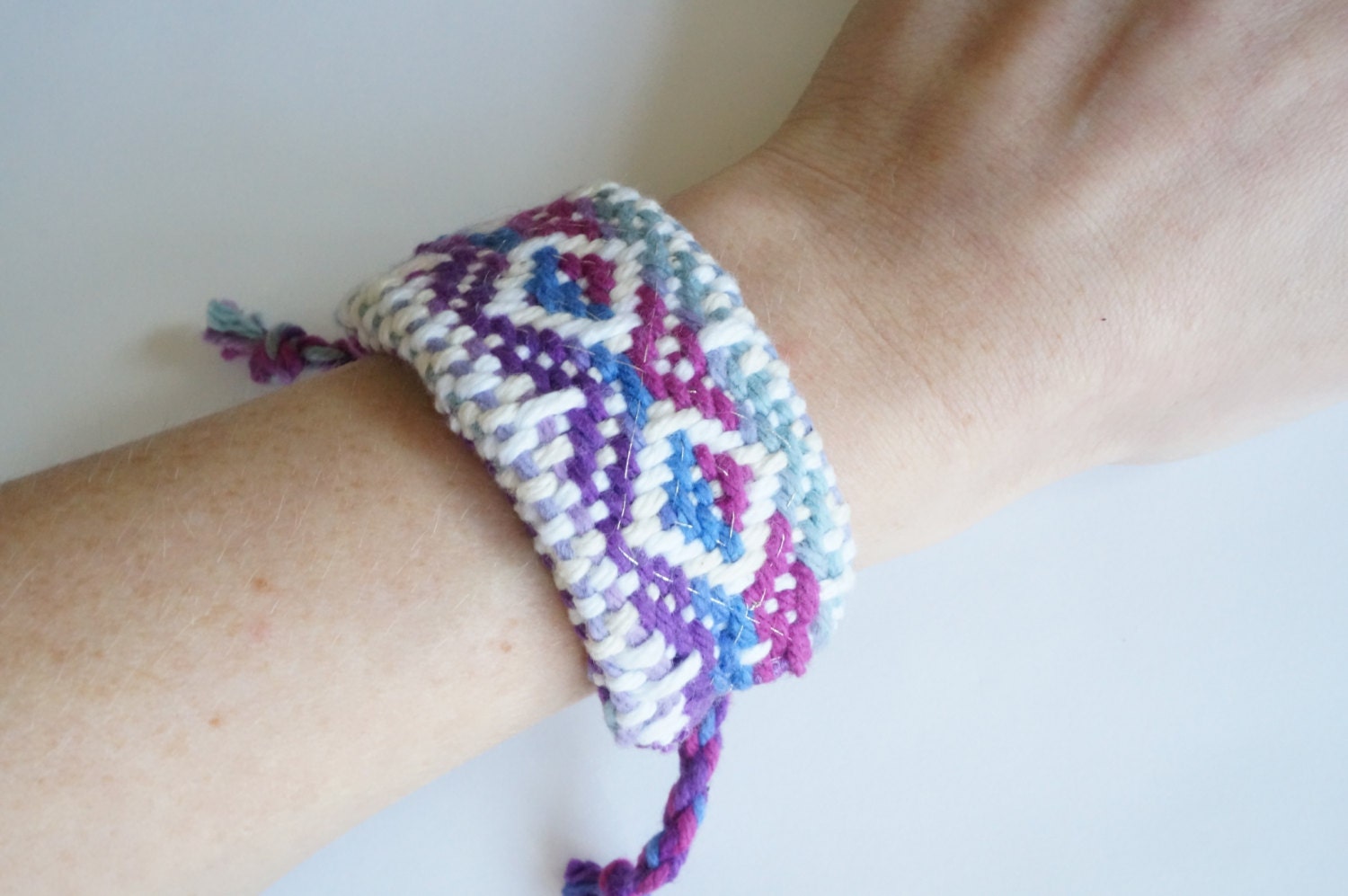 Handwoven Purple, Blue, and Fuchsia Diamond Cuff Bracelet
