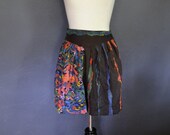 Vintage Paint Print Mini Skirt / Black Rayon / size medium