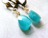 Turquoise Wire Wrapped Glass Briolette Earrings on Antique Brass Leverback Earwires