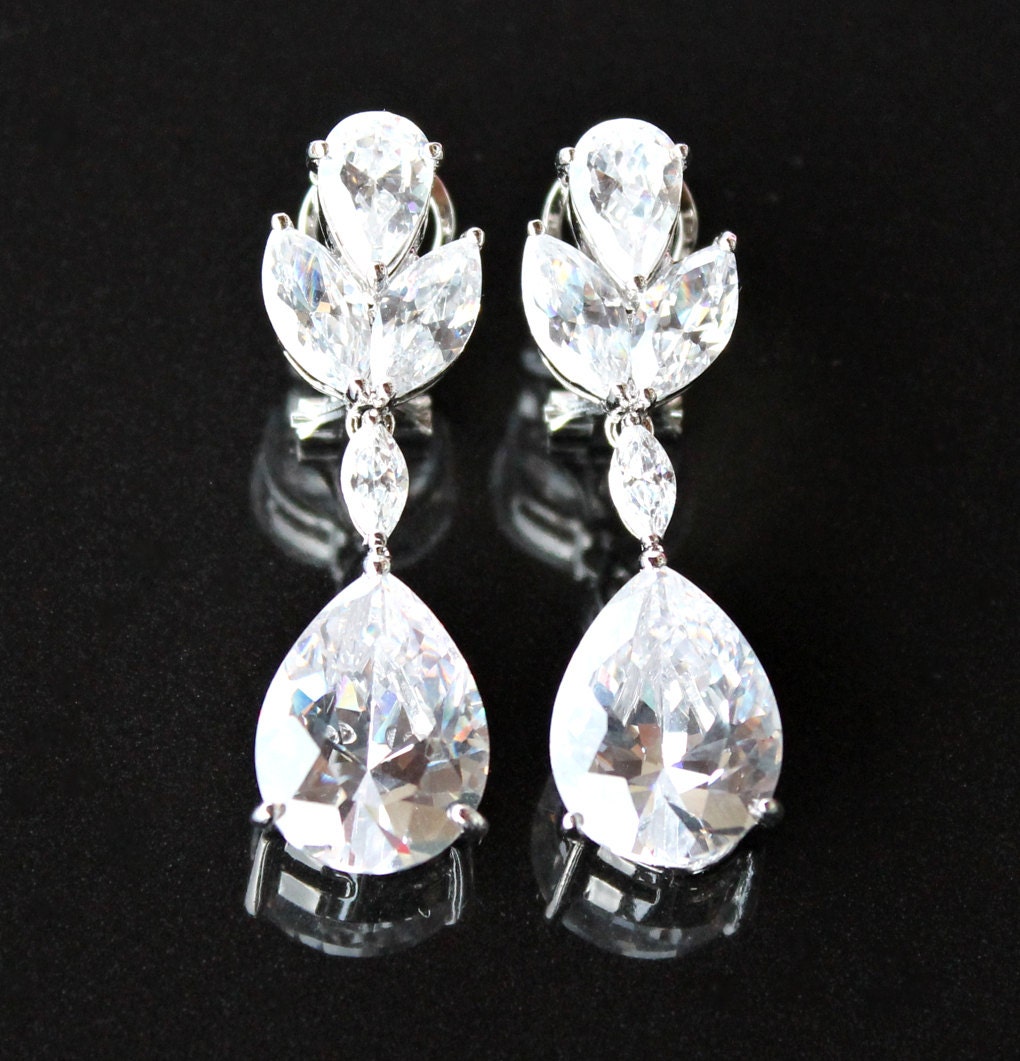 Sparkling, Cubic Zirconia Navette and Teardrop Dangle Earrings in Silver