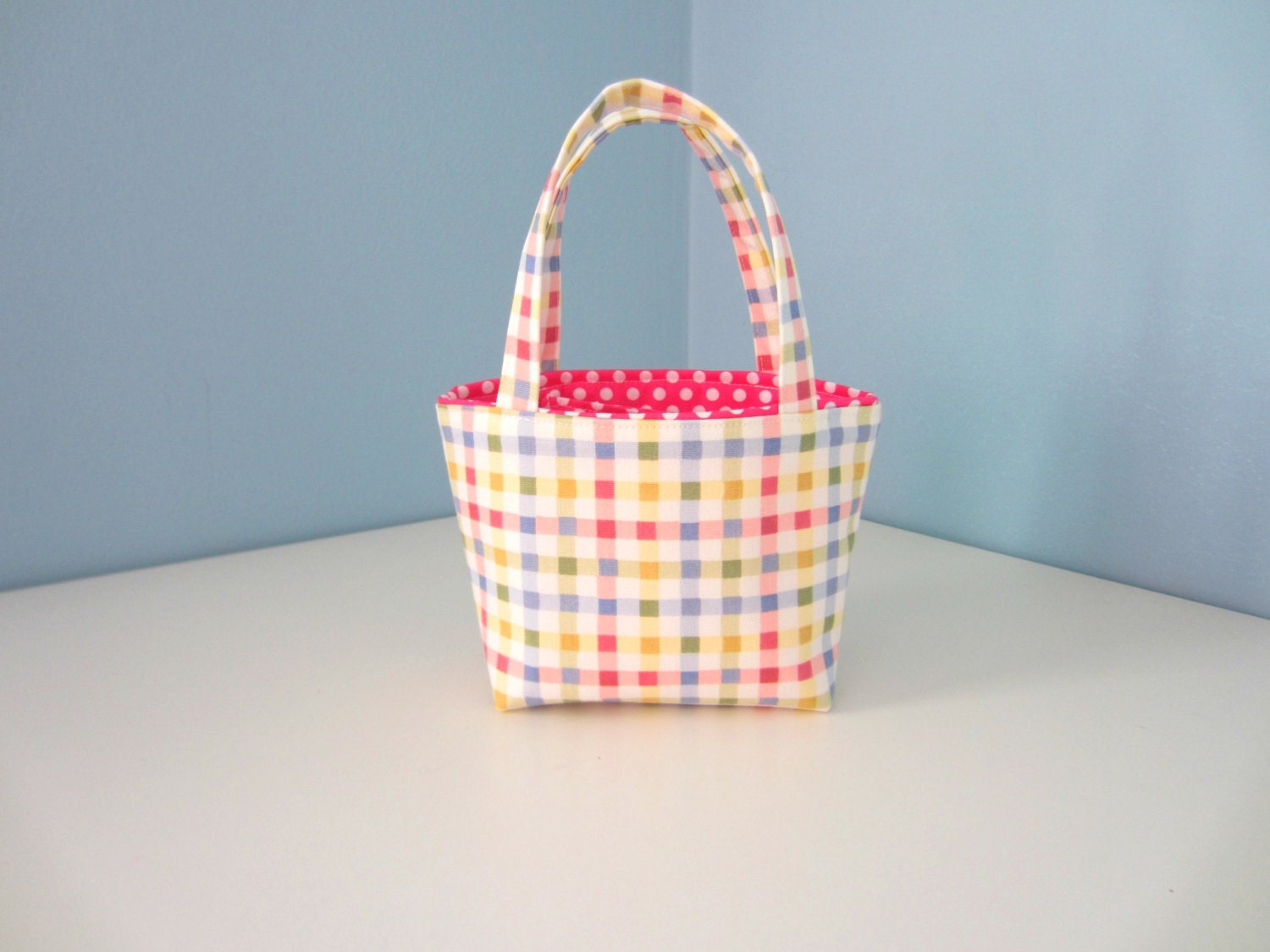 Small Gingham Purse, Sweet Pastel in Checks & Dots, Itty Bitty Bag, Handbag Mini Tote