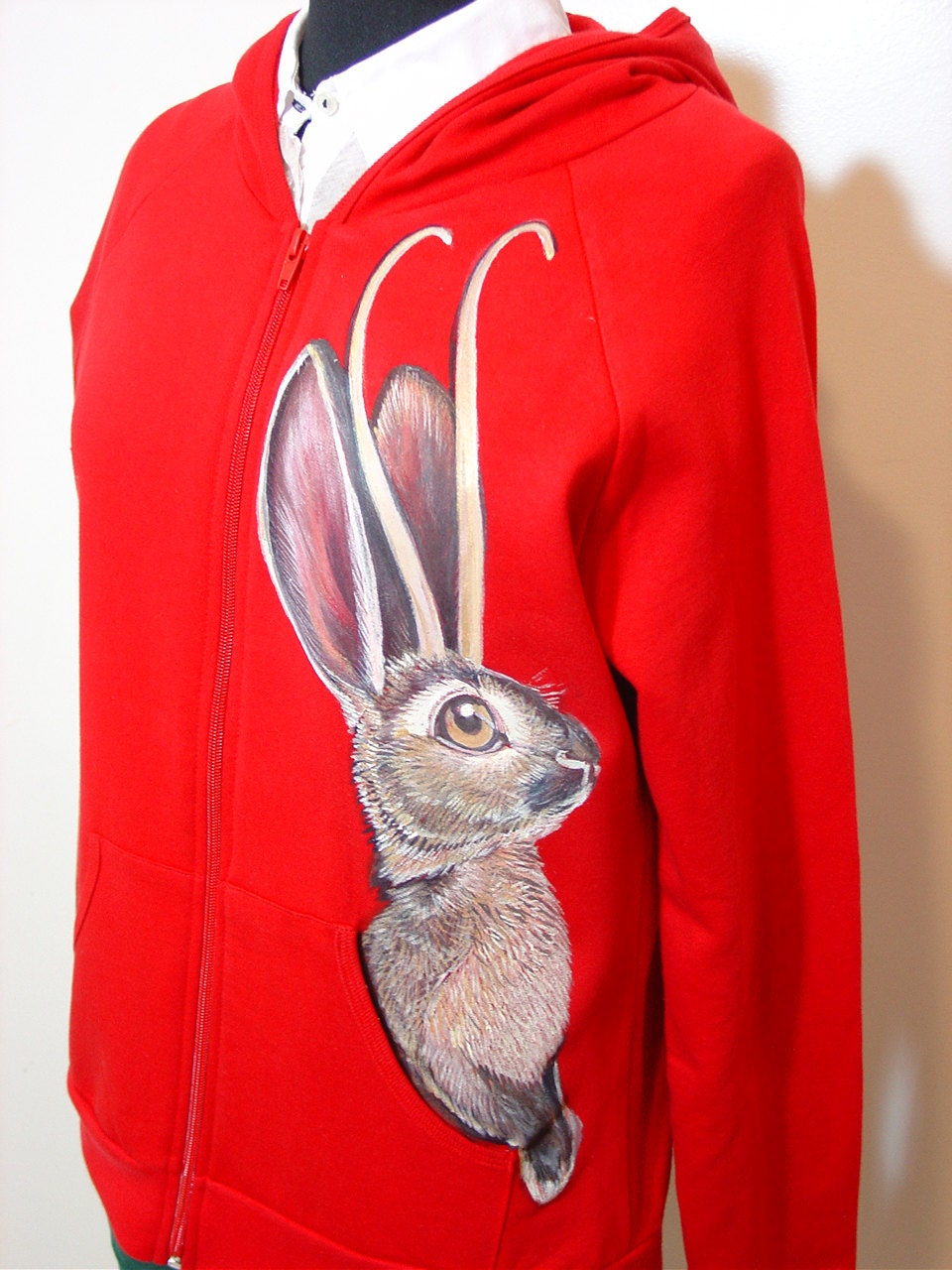 NEW Pocket Jackalope hoodie - OOAK - handpainted on a red ethical cotton hooded sweatshirt  - ladies fitted style size Large