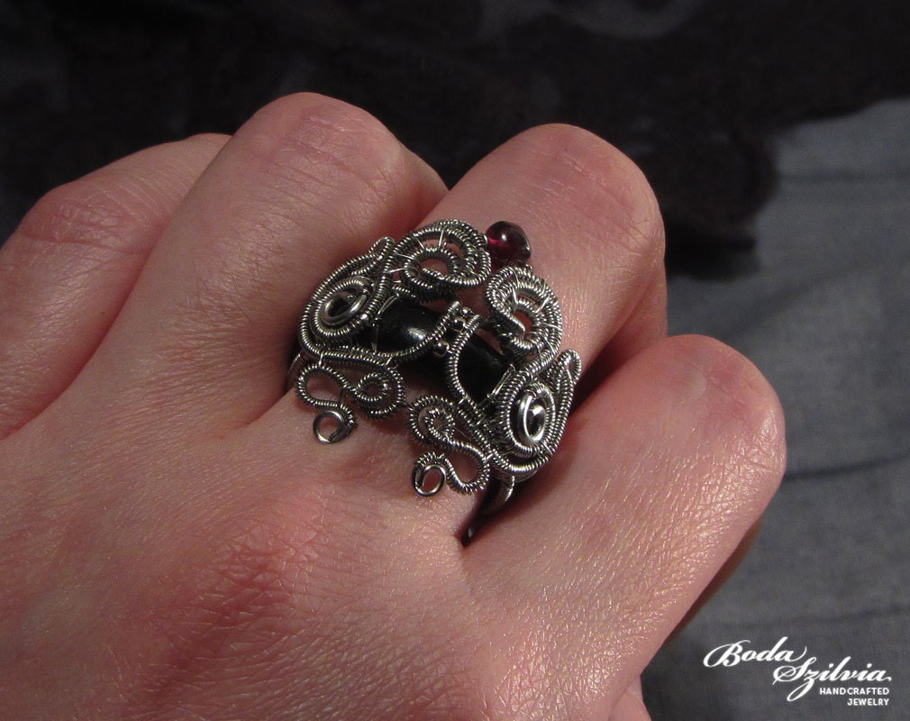 PERSEPHONE RING - OOAK wire wrapped stainless steel ring with black agate and red garnet - size 6