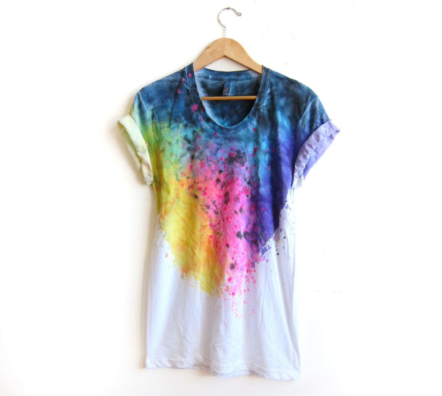 The Original "Splash Dyed" Hand PAINTED Scoop Neck Pinned Rolled Cuffs Tee in White Spectrum Rainbow - S M L XL 2XL 3XL