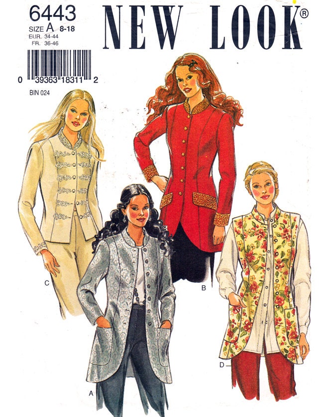 Fitted Vest or Jacket Sewing Pattern New Look 6443 UNCUT Shaped Hem Stand Up Collar Bust 31 to 40