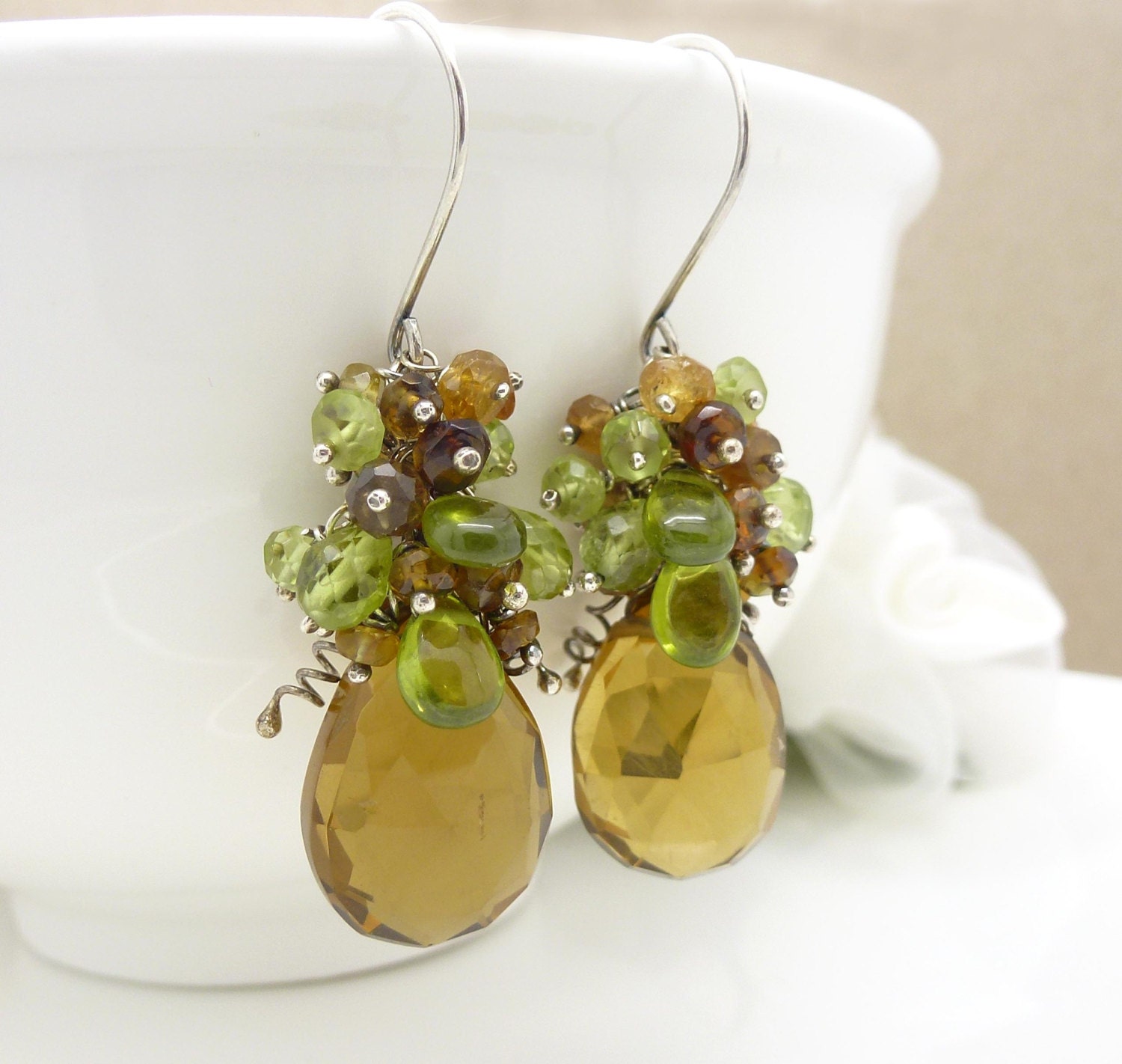 Brown and green cluster earrings, Sterling silver Peridot earrings, Brown beer quartz earrings, Brown green earrings