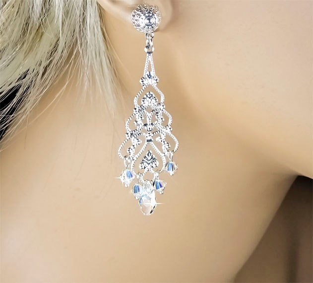 Crystal Bridal Earrings, Swarovski Crystal AB and Silver Filigree, Bridesmaid Chandelier Wedding Earrings - Victoria (WE0037)