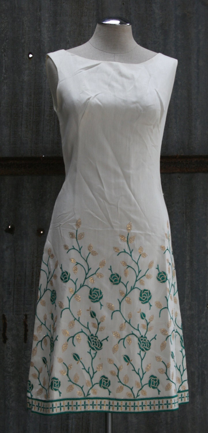 She Knows Right From Wrong - Ivory Shift Dress with Teal and Gold Metallic Embroidery by Carol Craig - 1960's Vintage Shift Dress
