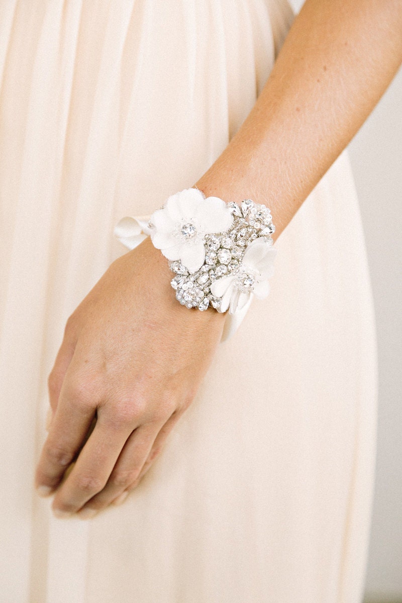 CLEMENTINE Bracelet- bridal jewelry, rhinestone aplique, floral, wedding glam