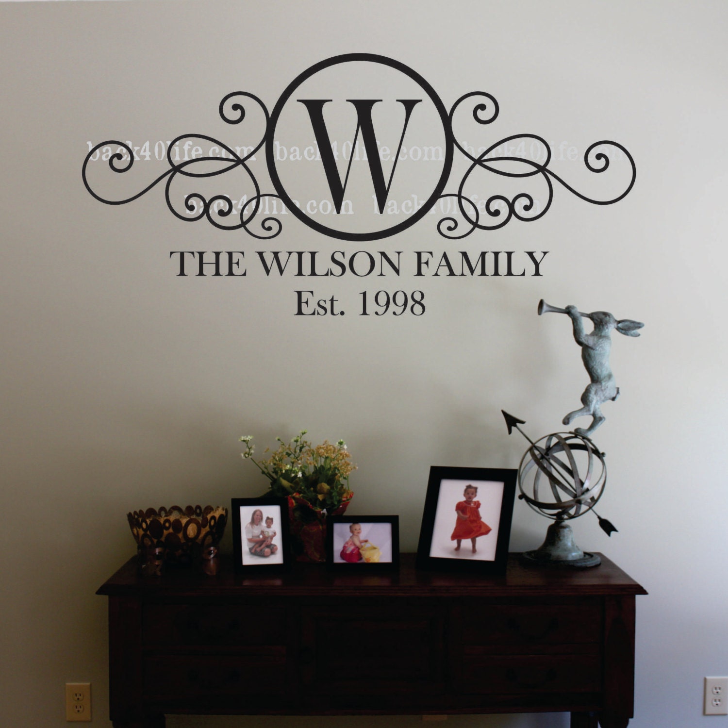 Swirly Circle Family Monogram Vinyl Wall Decal m-010 by back40life