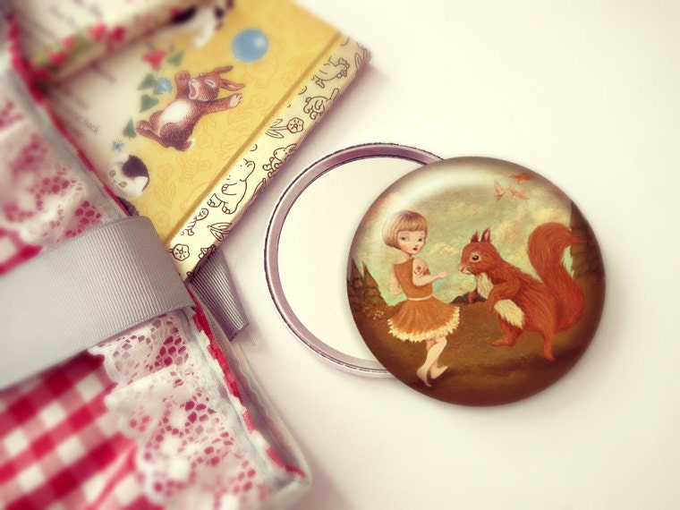 Pocket Mirror, Squirrel, Party Favor, Mirror, Compact, Baby Shower, Birthday, Stocking Stuffer - Come Dance with Me, said the Red Squirrel