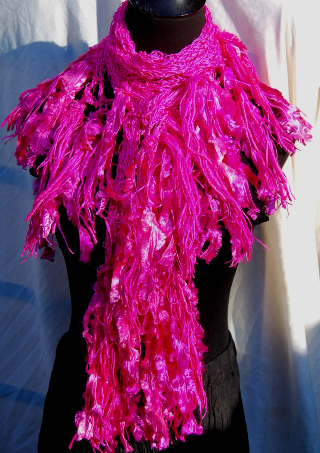 Bright Pink Silk Handmade Crochet Scarf