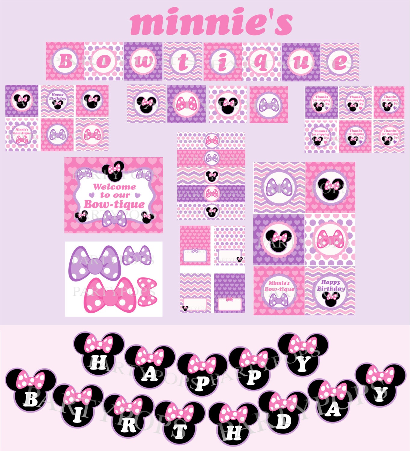 Digital Minnie Mouse Bow-tique Party Package,  Minnie Bow-tique Party Decoration,  Minnie Mouse party, PDF Printable INSTANT DOWNLOAD