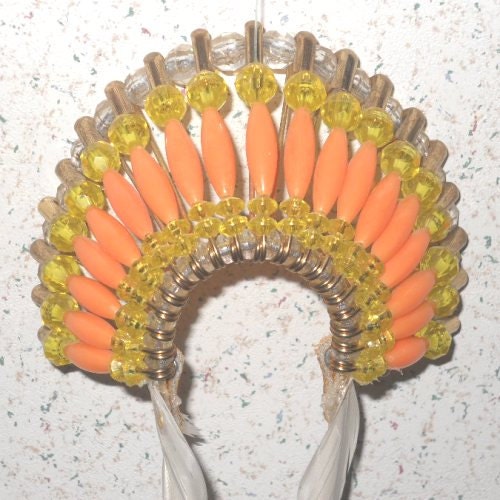 Yellow And Orange Beaded Indian Headdress With Feathers By Ticc