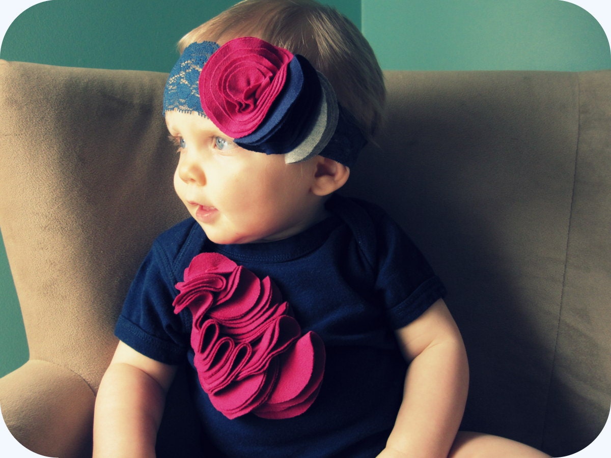 Infant Girl Lace Headband, Magenta Navy And Grey Flower Buds, Navy Blue Lace Elastic, Photography Prop