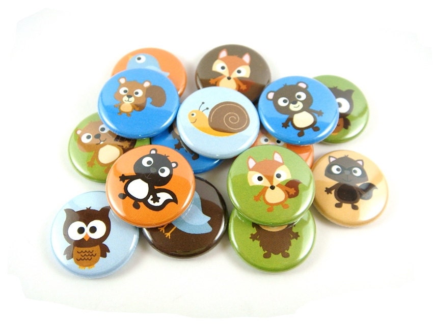 15 Owl and Friends Buttons - Pinback Buttons, Woodland Animals Pins, Forest Animals, Owl Party Favors