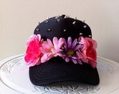 Black Nylon/Mesh Trucker Hat Embellished with Silver Spikes and Flowers