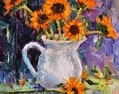 Print of Original Painting FLORAL ART Sunflowers Blossom Yellow, purple, green Cottage chic Impressionist