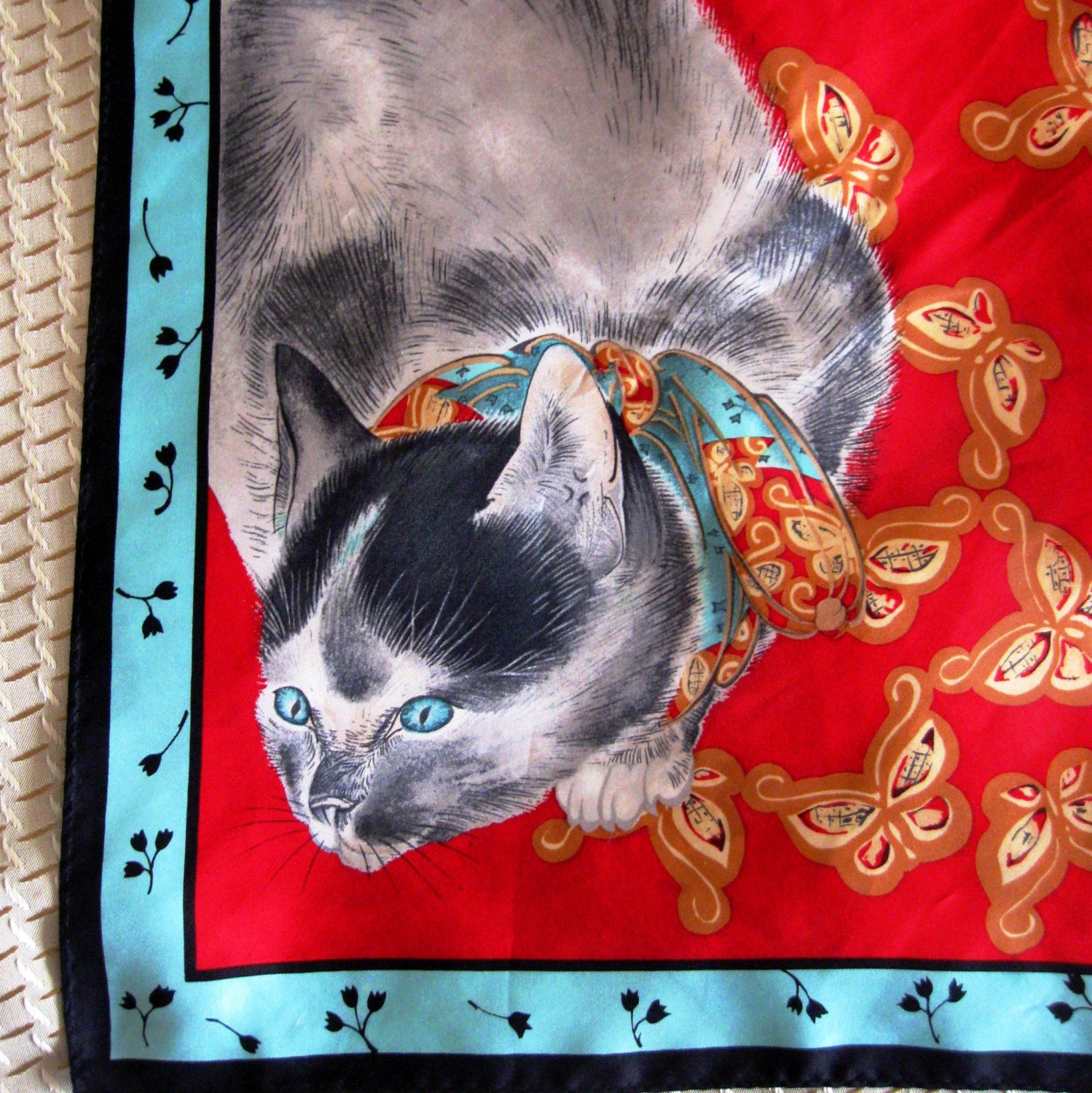 Vintage Silk Scarf Metropolitan Museum of Art Cat Butterfly Red Aqua Gold