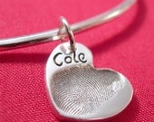 Silver Bangle & Fingerprint Heart Charm, Baby Fingerprint Jewelry,  Personalized Bracelet, Custom Keepsake Jewelry, Recycled Silver Jewelry