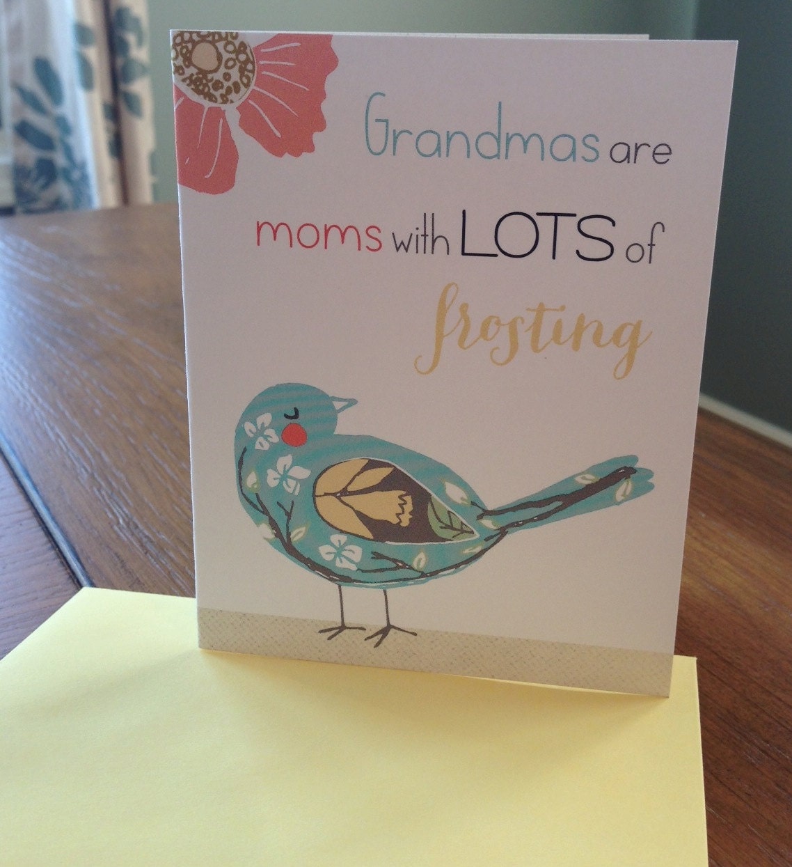 Grandmas are moms with LOTS of Frosting Cards with Yellow Envelopes (A1) (set of 5) - Adorable Bird Note Cards For Grandma. Mothers Day.