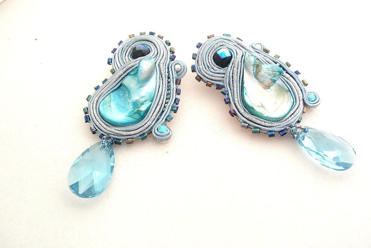 Aqua Shell Earrings , clip on earrings , Swarovki & pearls earrings , soutache Tropical earrings , One Of A kind