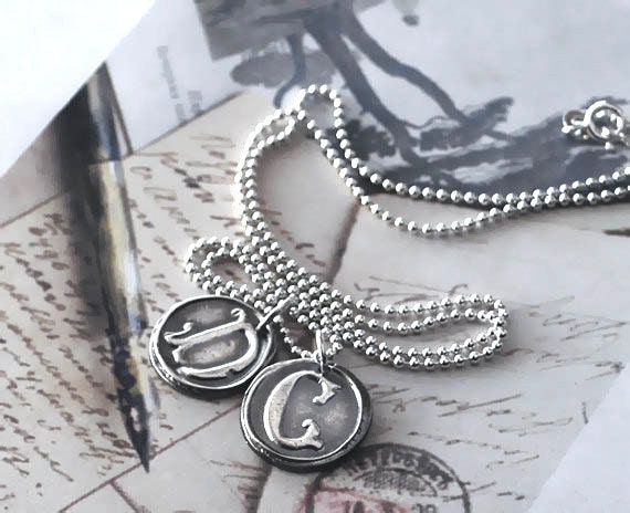Two Personalized Silver Wax Seal Initials on a Sterling Silver Ball Chain - Customized with Two Letters