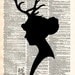 Vintage Dictionary Print - Deer Lady - Antler Silhouette Antique Book Print - Elegant Surreal Home Decor - Altered Book