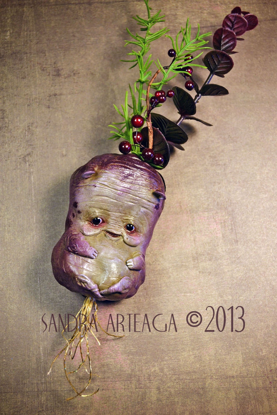 Jilla Piltami  - art doll sculpt ooak fantasy fairy tale creature magical botanical roots eggplant mascot  flower