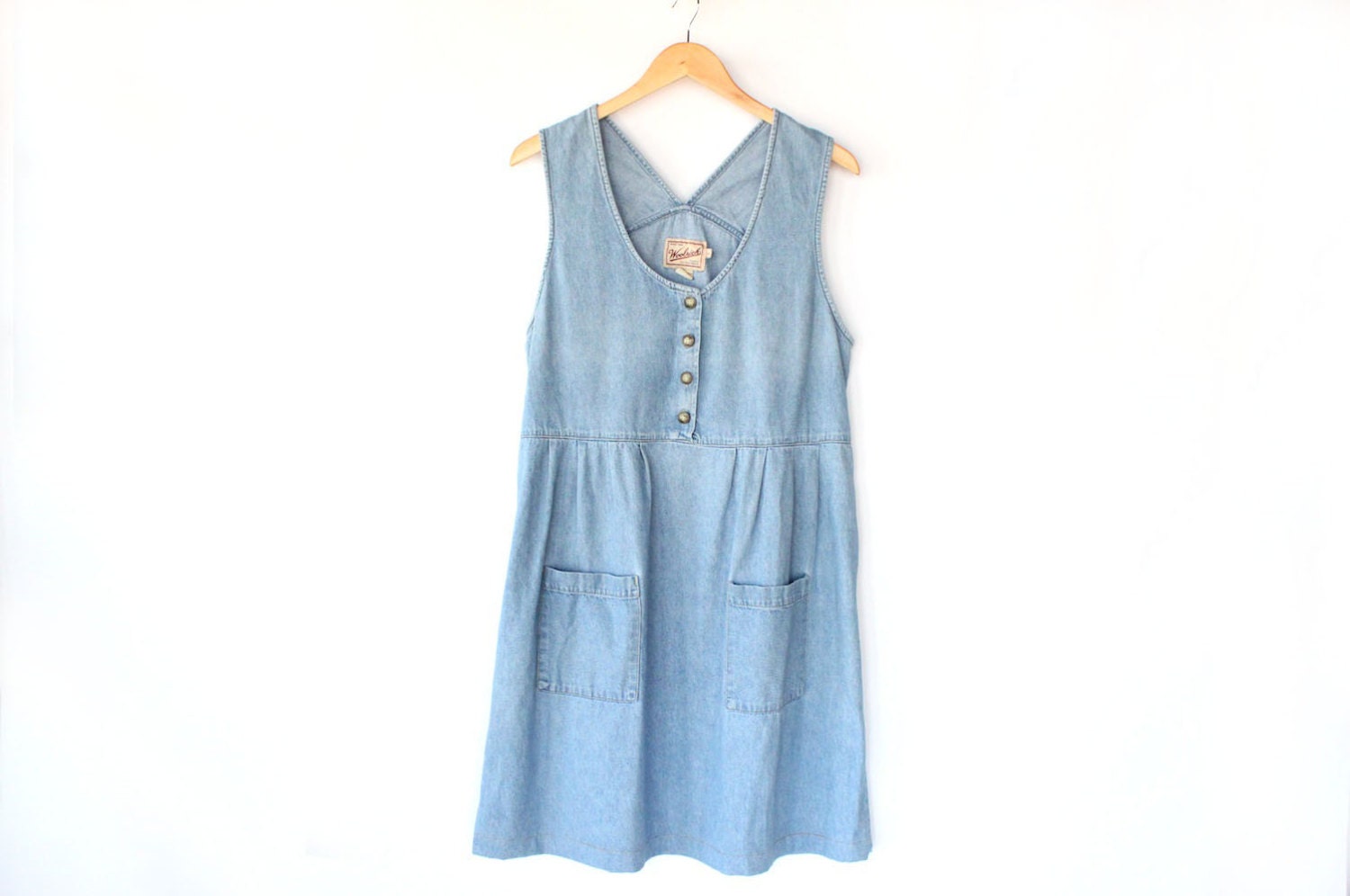 Vintage Denim Dress - 80s Woolrich Blue Jean Smock Dress with Pockets- M / L