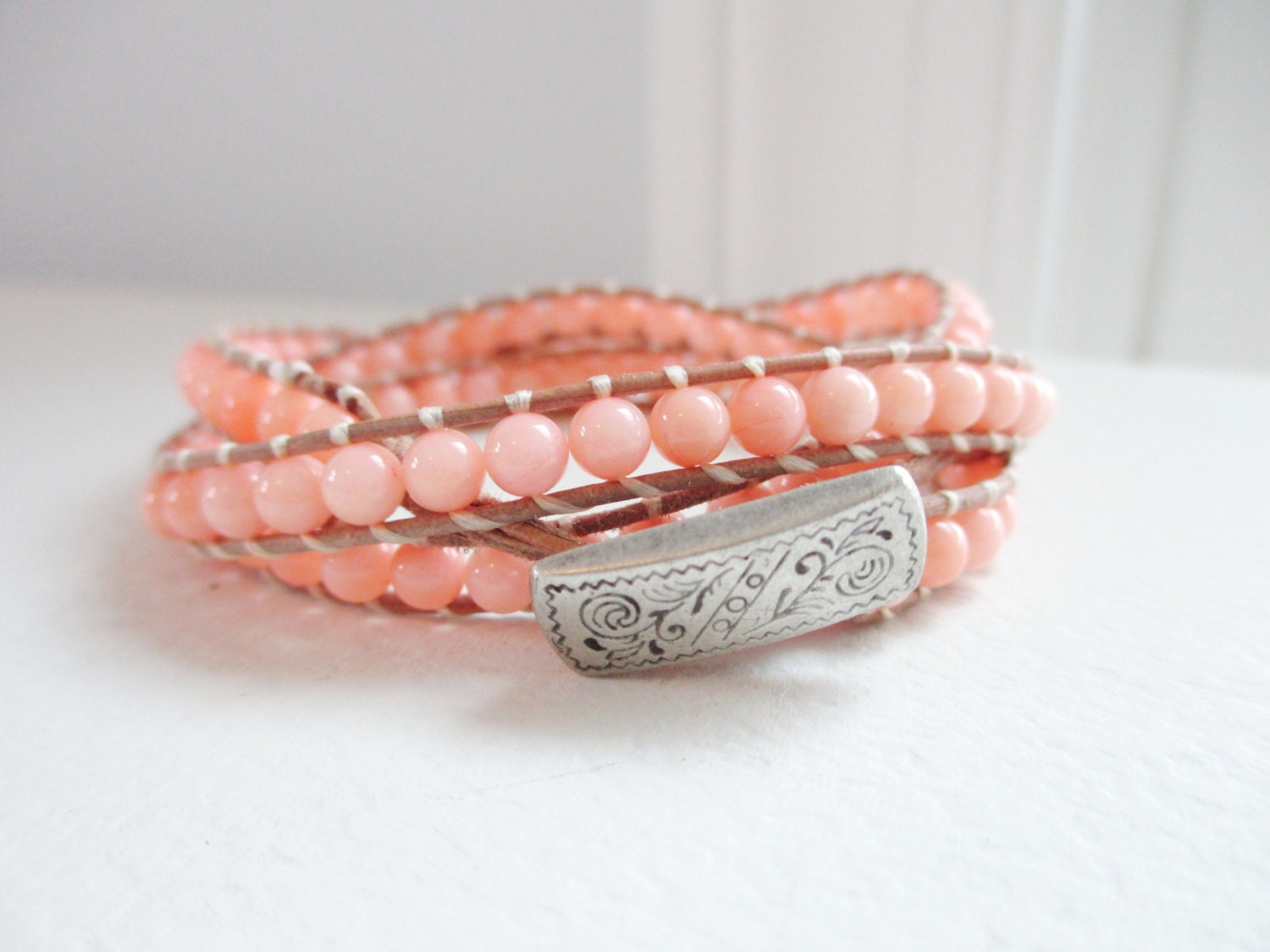 Coral Reef Beaded Wrap Bracelet - Gemstone and Tan Leather Triple Wrap Bracelet Chan Luu Style