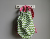 Ruffled Sun Suit for Girls- Size 3-6 Month- Baby Spring/Summer Romper- Apple Green Chevron with Hot Pink Polka Dots