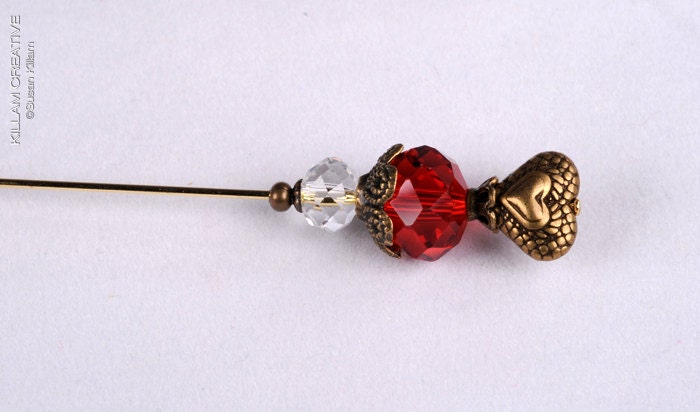 Red Crystal and Heart Stick Pin, 3 Inch Hat Pin, Scarf Pin, Hijab Pin KC0353