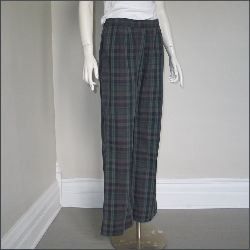 Vintage 1960s Charcoal Berry Madras Plaid Flare Slacks Pants