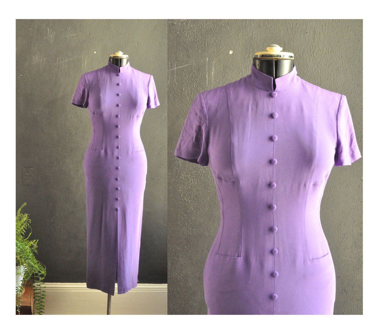 Vintage Silk Plum Mandarin Maxi Sheath Dress Size 4