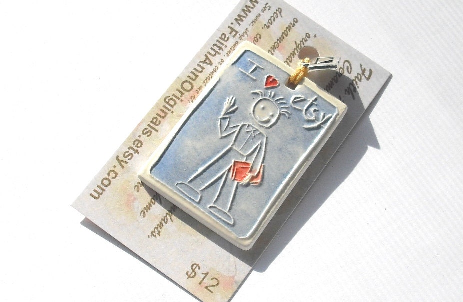 I LOVE ETSY boy heart handmade ceramic gift tag mini ornament key fob art gift spikey hair ocean blue Valentine wave small business shop