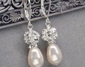 Teardrop Pearl Earrings, Rhinestone and Pearl Dangle Earrings, Wedding Jewelry, Ivory Pearl Bridal Drop Earrings
