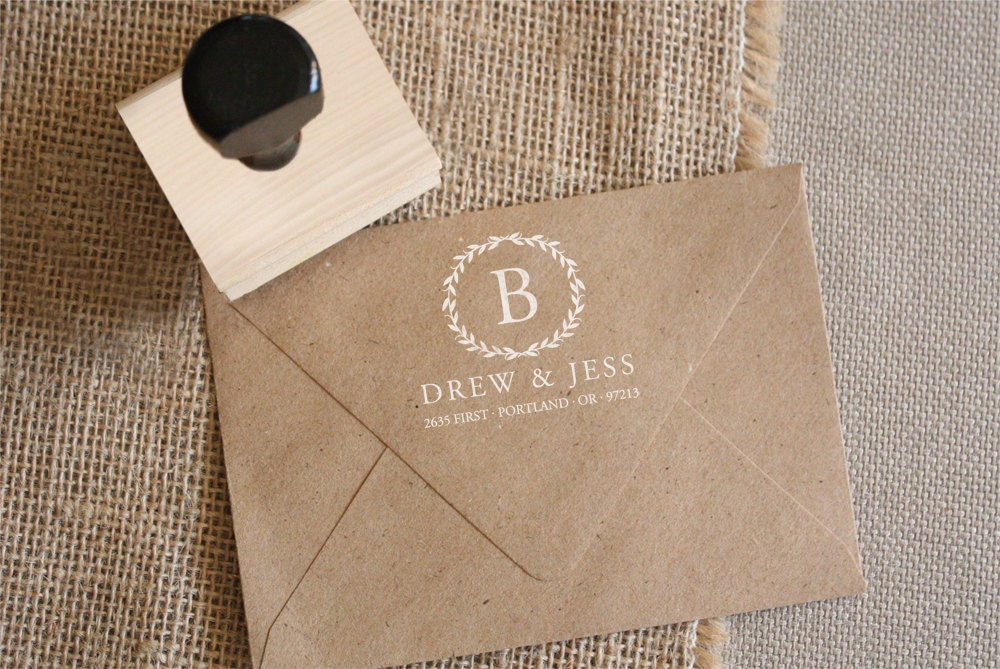 Custom Monogram Stamp - YOUR CUSTOM WORDING - Laurel Leaf