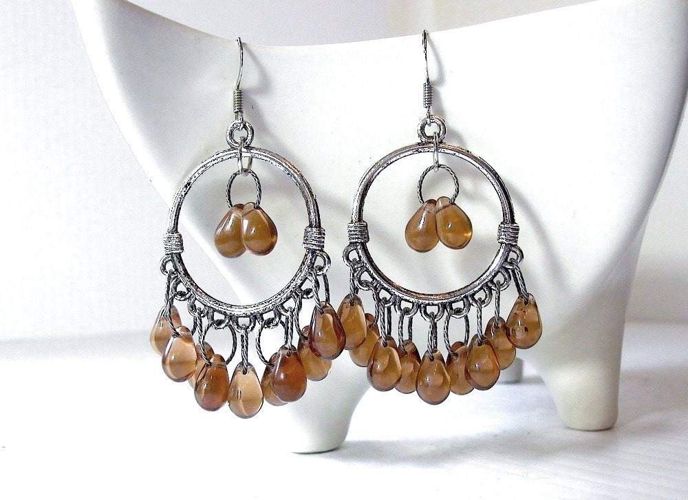 Chandelier Earrings, Boho Chandeliers, Mocha Czech Glass Teardrops, Gypsy Hippie Bohemian Jewelry