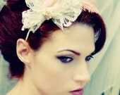 Marie Antoinette Pink and Ivory Pearl Lace Feather Headpiece -  Fascinator Headdress