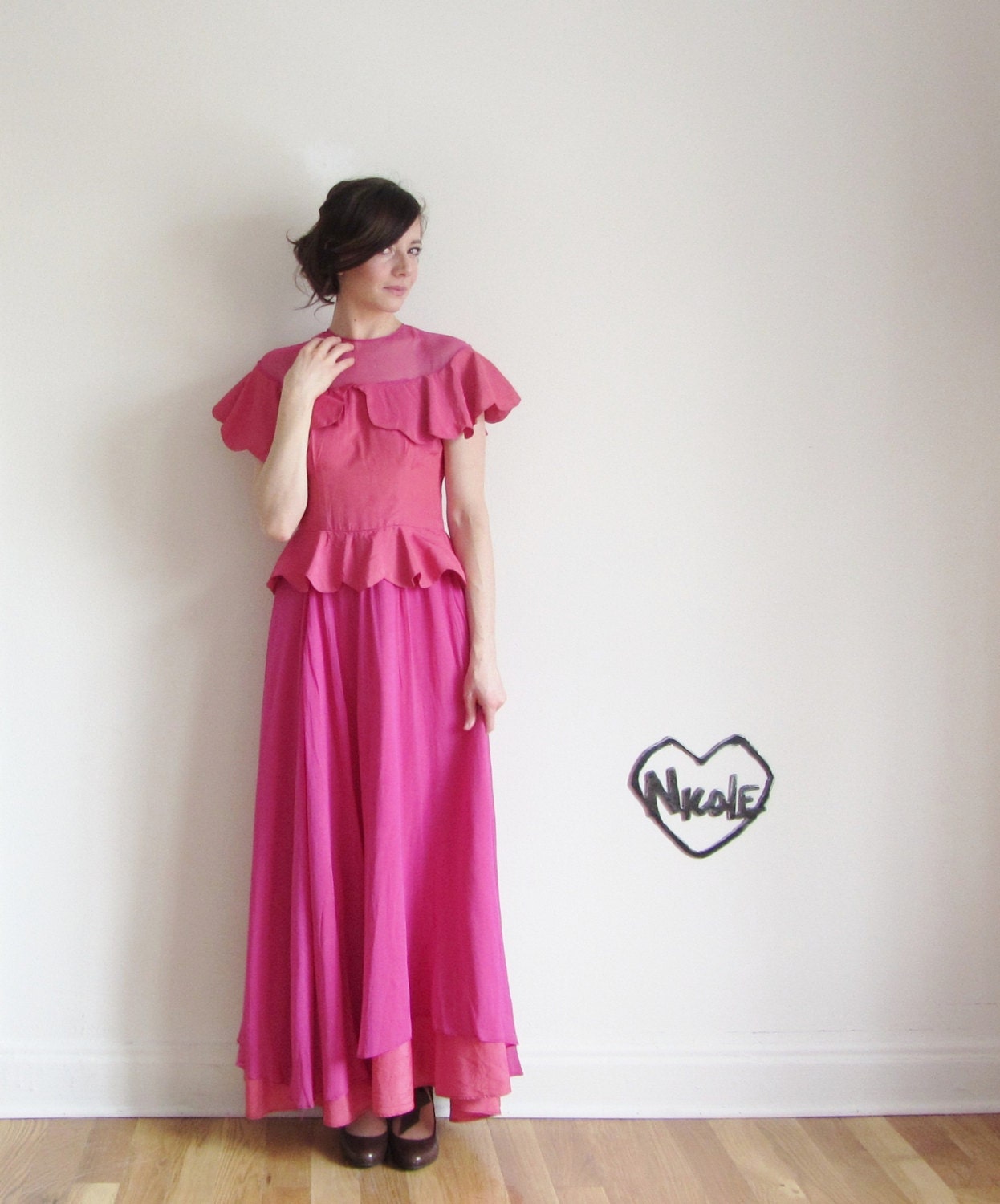 1930 pink petal gown . sheer scalloped fuchsia chiffon dress .small .sale